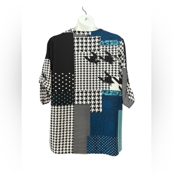 NWT, Claire France, Plus Size Patchwork Blouse, 18W, Black, White, Blue - Picture 7 of 9
